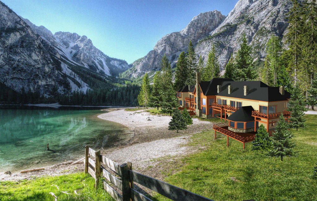 Render arquitectura cabañas hotel sur