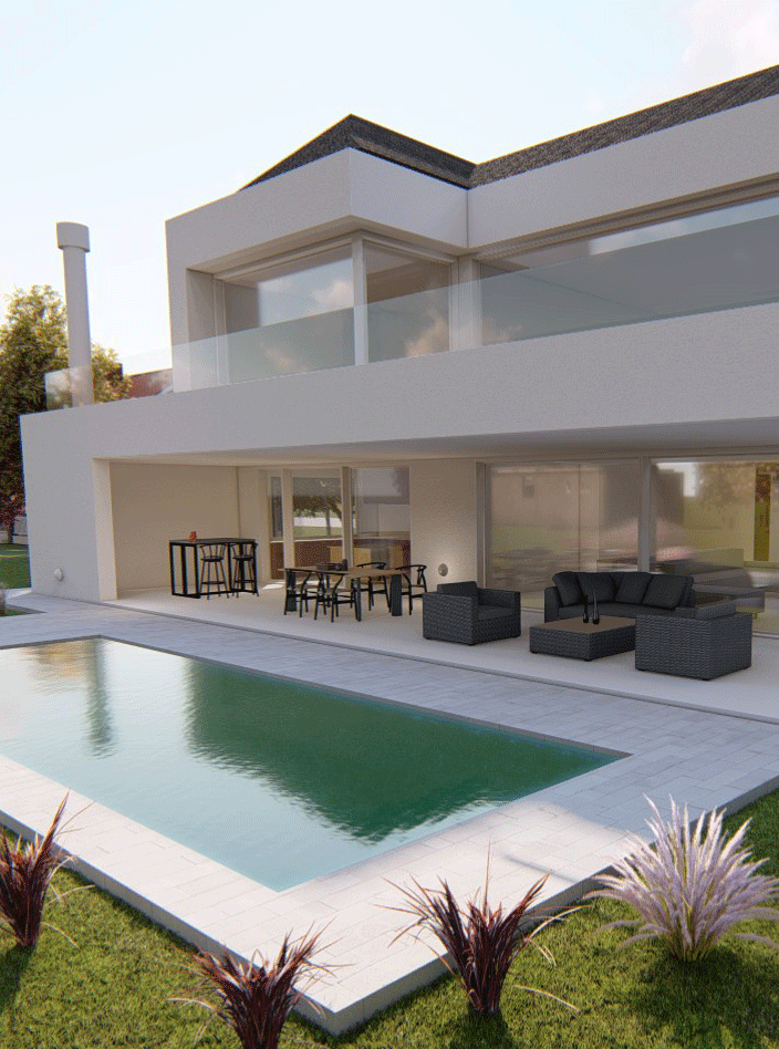 render proyecto arquitectura casa country blanca pileta