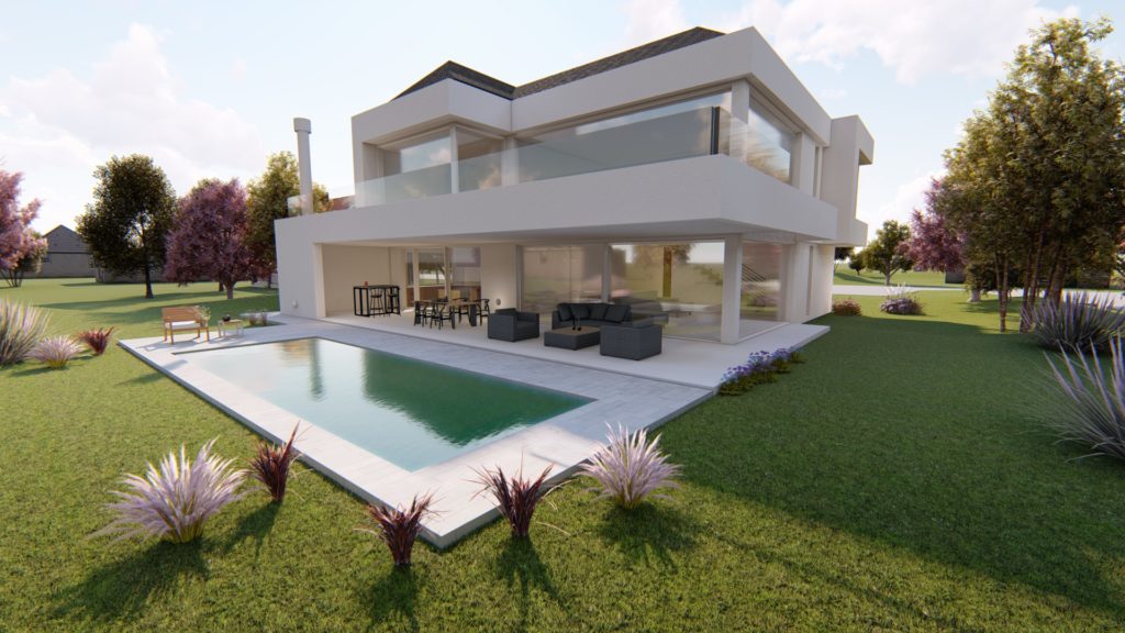 render proyecto arquitectura casa country blanca pileta