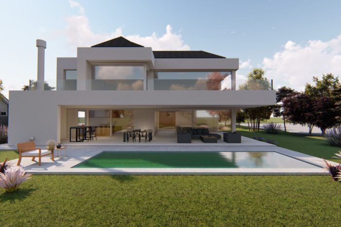 render proyecto arquitectura casa country blanca pileta